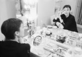 Audrey Hepburn Applies Makeup in Two Mirrors with Eyes Closed, Backstage at Ondine, 1954