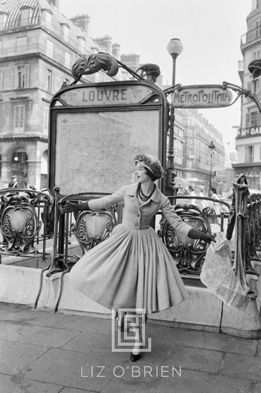 Grey Dior Outside Paris Louvre Metro, Side, BW, 1957 by Mark Shaw | Liz ...
