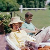 Kennedys, Jackie in Straw Hat, JFK Reading, 1959