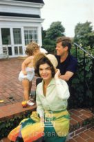 Kennedys, Jackie in Straw Hat and Colorful Skirt, with John and Caroline, Hyannis Patio